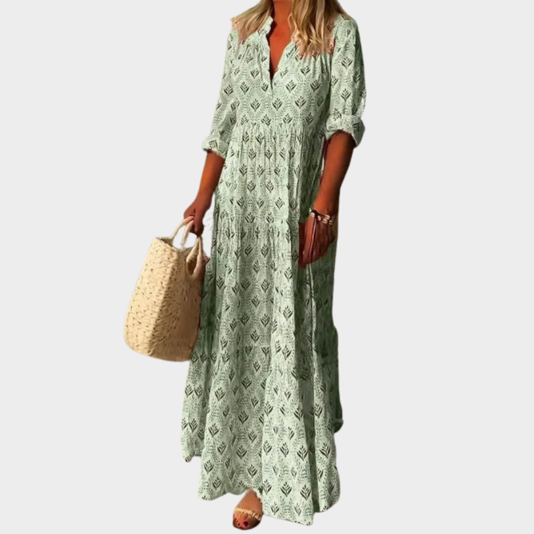 Women’s Long Boho Dress – V-Neck Casual Fit with Vintage Print – Lightweight Loose Long Sleeve Style – Multiple Colours