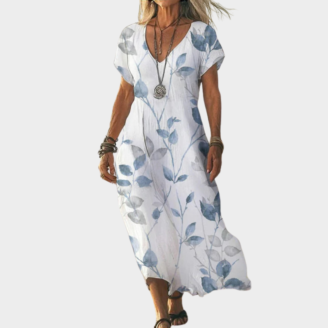 Women’s Dress – V-Neck Mid-Calf Short Sleeve Leaf Print Dress – Relaxed Fit – Cotton-Polyester Blend – Casual Everyday Style – Light Blue