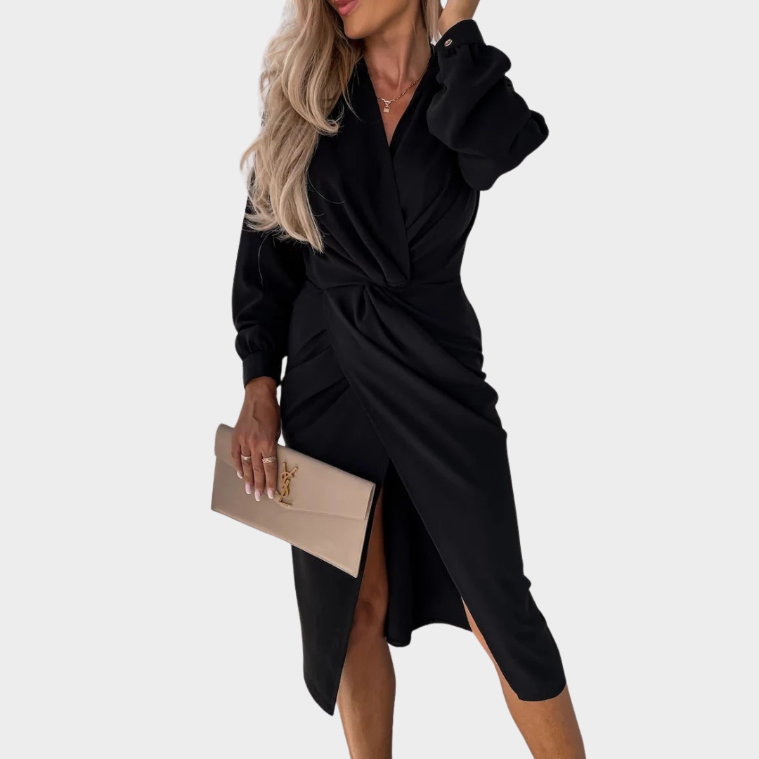 Women’s Long Sleeve Dress – Elegant Slim Fit Party Office Shirt Dress with Turn-Down Collar – Multiple Colours
