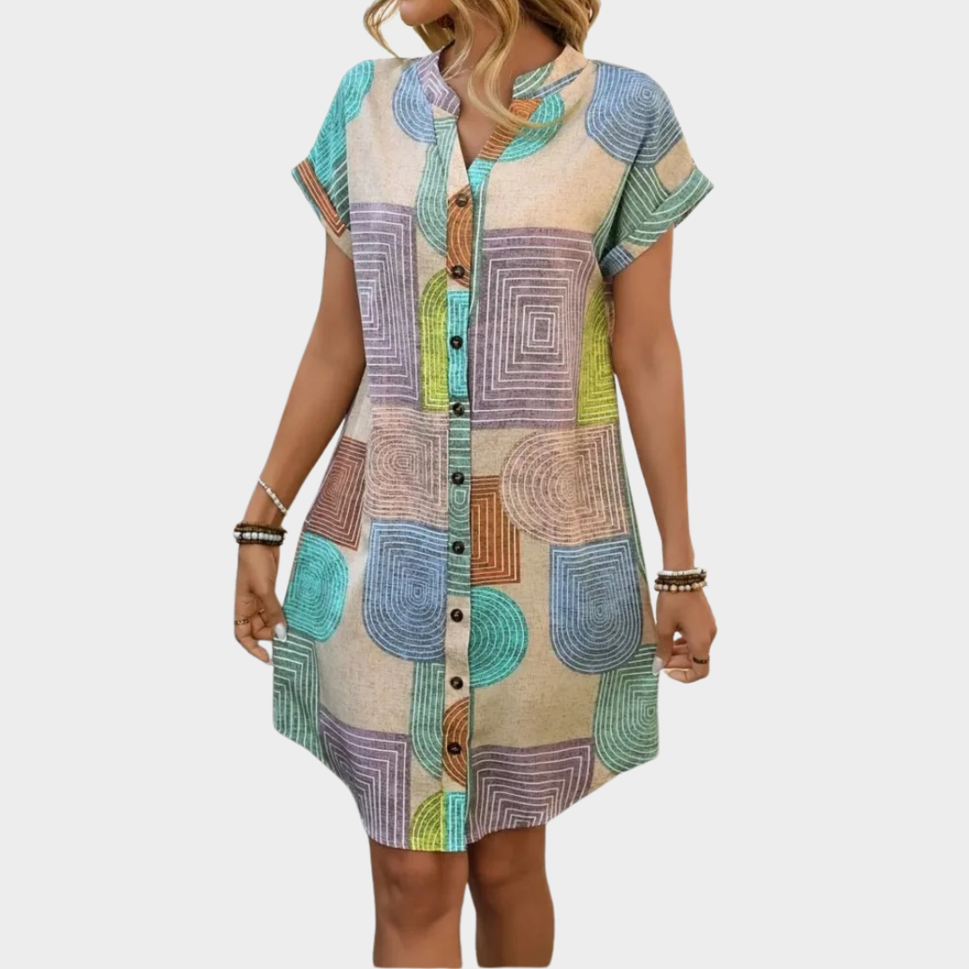 Women’s Vintage Printed Shirt Dress – Elegant V-Neck – Button Front – Colour Block – Relaxed Fit – Multicolour