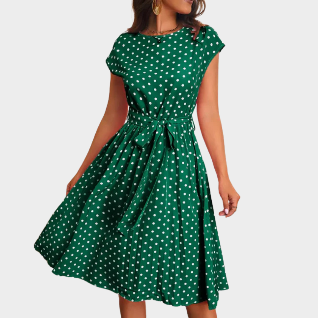 Women's Polka Dot Midi Dress – Round Neck Short Sleeves – Bow Knot Waist – Soft Lightweight Fabric – Multiple Colours