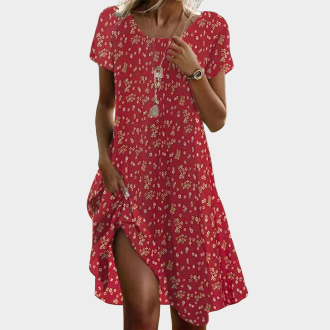 Women’s Boho Floral Dress – Casual Short Sleeve Pullover Fit – Lightweight O-Neck Cotton-Polyester – Multiple Colours