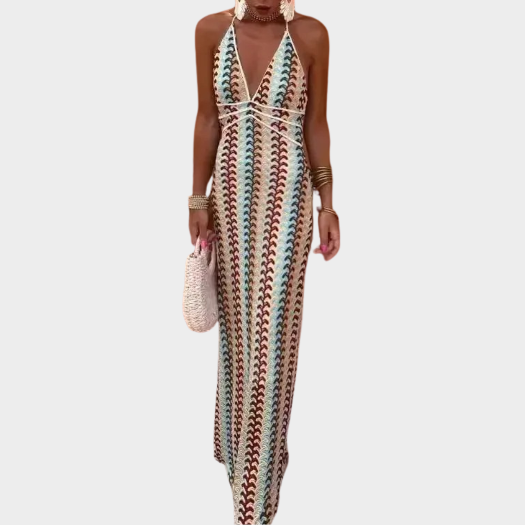 Women’s Ankle-Length Lace Strap Dress – Empire Waist with Hooked Floral Detail and Slim Fit – Multicolour