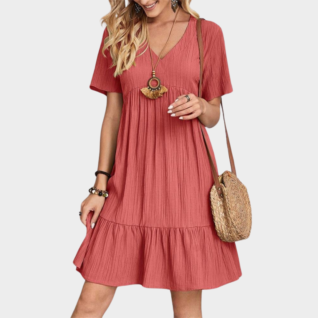 Women's Boho Midi Dress – Short-Sleeved V-Neck Dress – Casual Beach Holiday Dress – Flowy Fit – Multiple Colours