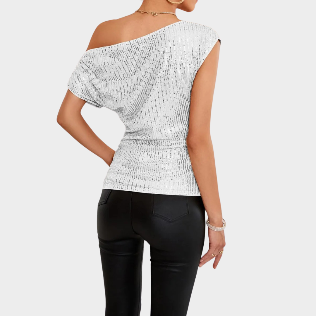 Women’s One-Shoulder Sequin Blouse – Asymmetric Neckline – Fitted Party Top – Soft Stretch Fabric – Elegant Ruched Design – Multiple Colours