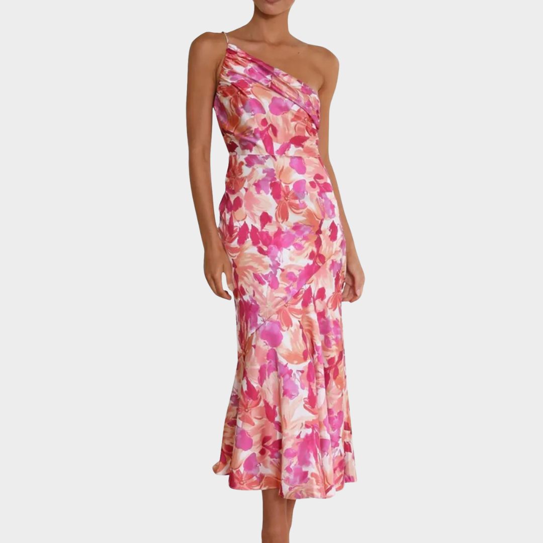 Women’s Oblique Shoulder Midi Dress – Floral Pleated Fit with Backless Spaghetti Strap Design – Lightweight Drape – Multiple Colours