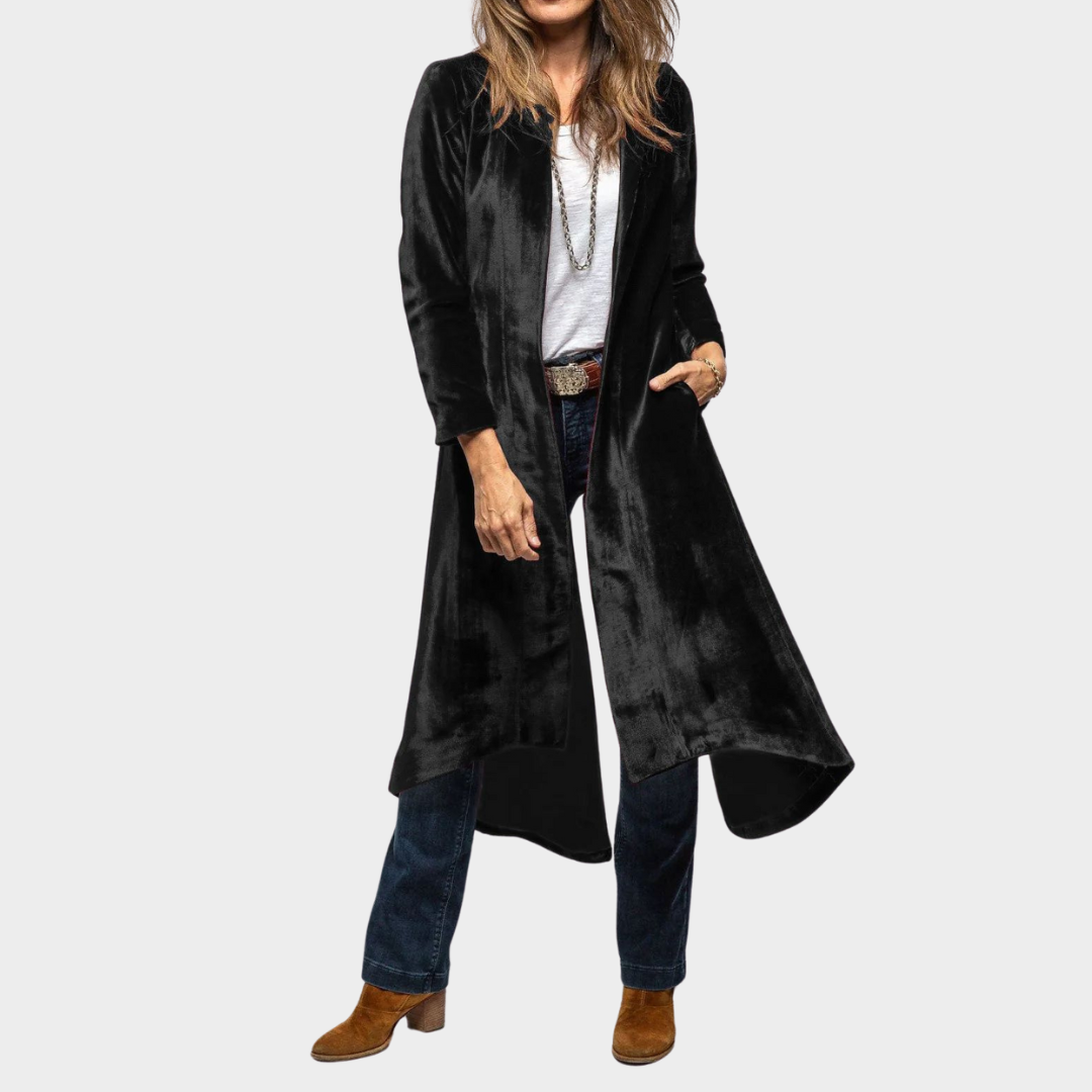 Women’s Velvet Long Cardigan Coat – Split Hem – Loose Fit – Elegant & Stylish – Multiple Colours