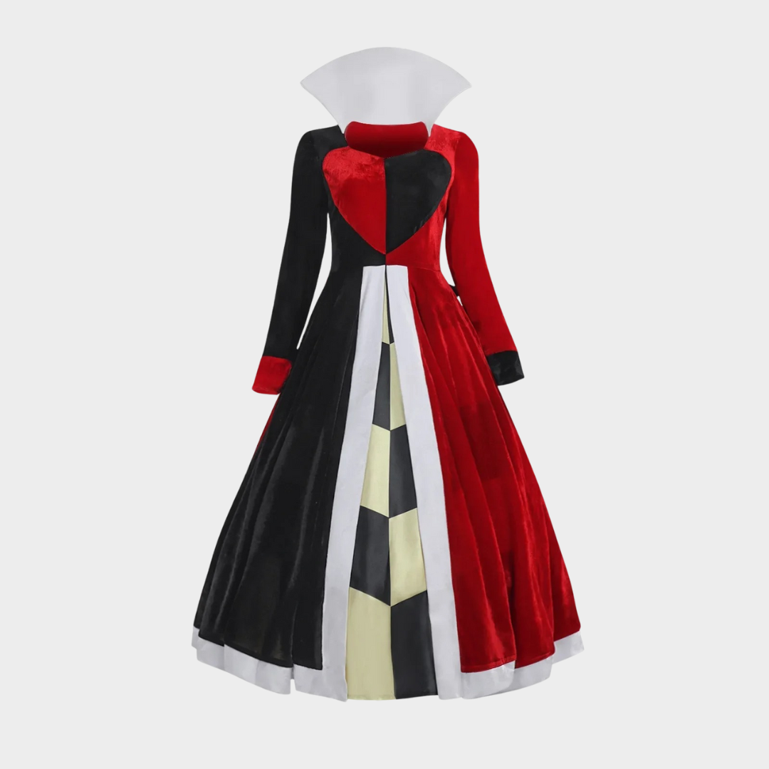 Women Queen of Hearts Halloween Costume – Alice in Wonderland Cosplay Dress with Poker Card Design – Fancy Party Outfit – Red