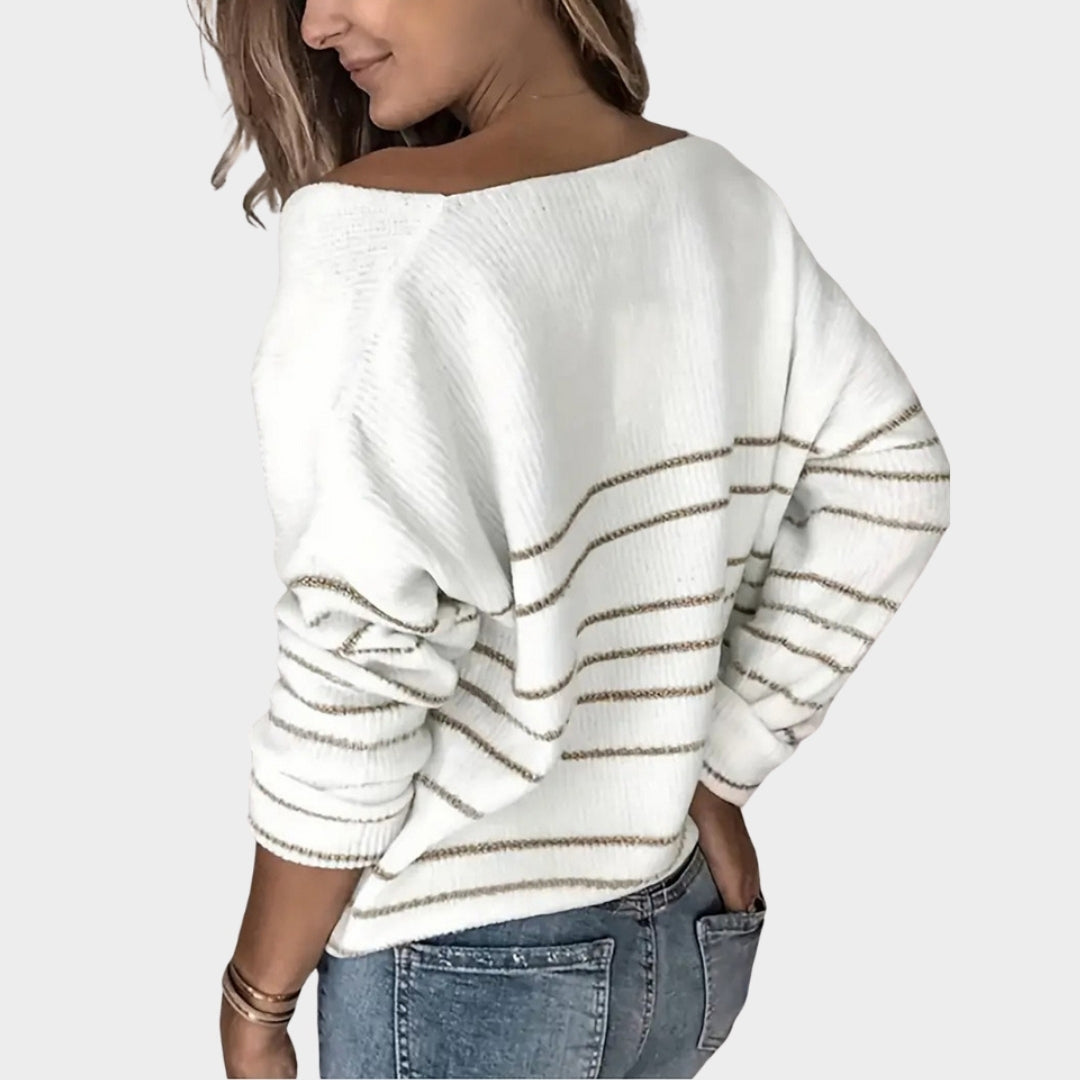 V-Neck Women’s Sweater - Beige Metallic Striped Knit, Slim Fit, Long Sleeve Beige Pullover, Autumn Fashion