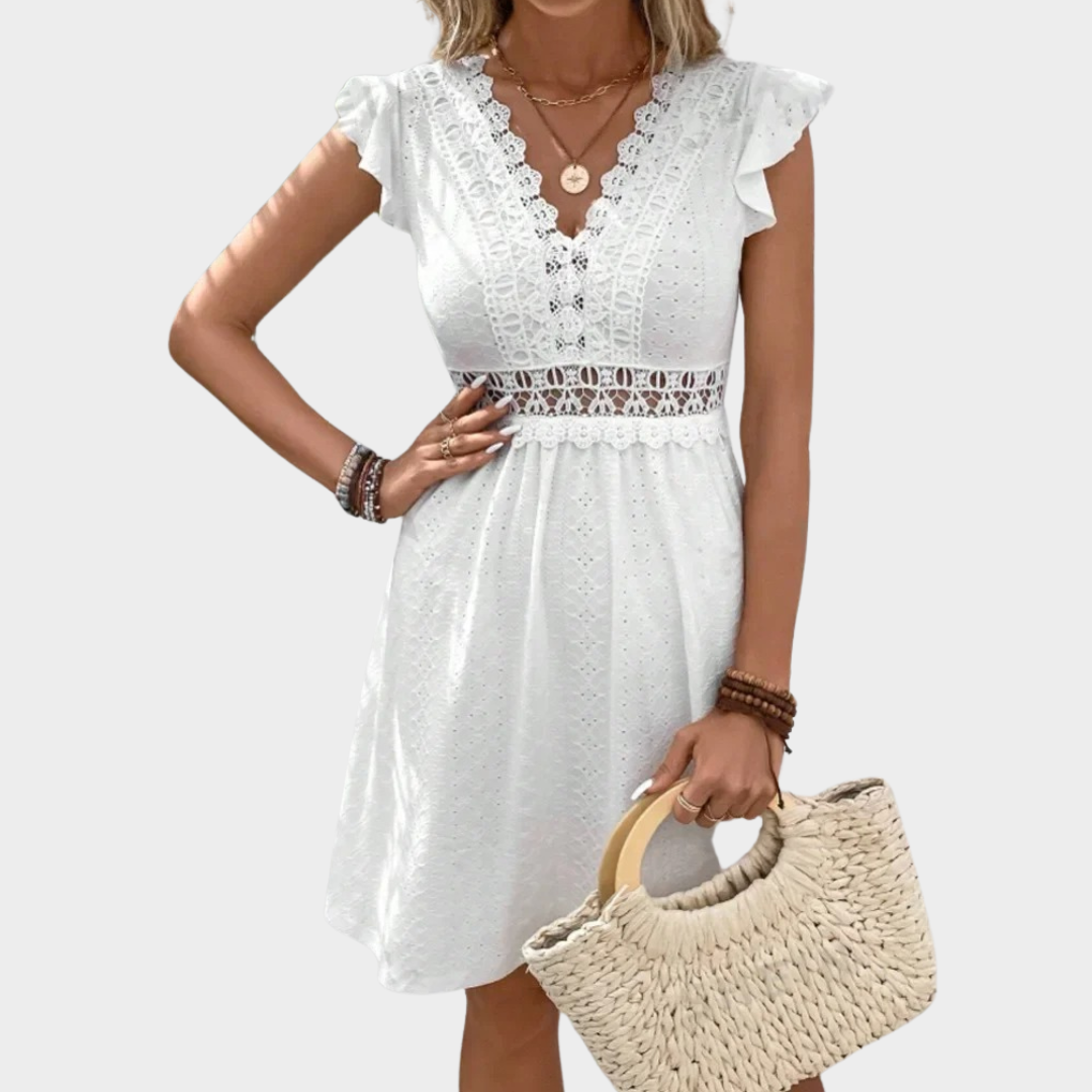 Women’s Mini Lace Dress – Knitted Jacquard V-Neck Short Sleeve Fit – Stretch See-Through Hollow Style – White