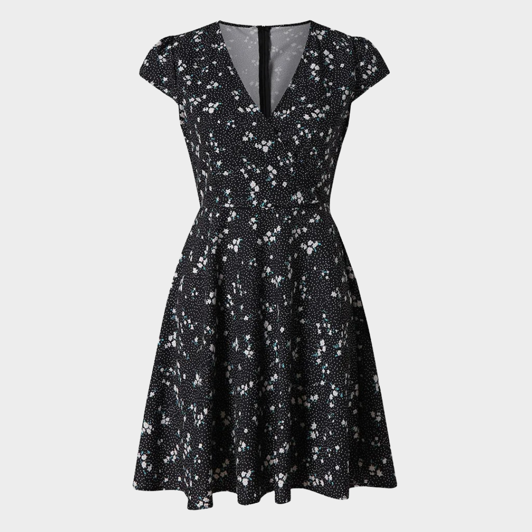 Women’s V-Neck Floral Print Dress – High Waist Fitted Midi with Short Sleeves – Lightweight Soft Fabric Elegant Fit – Multiple Colours