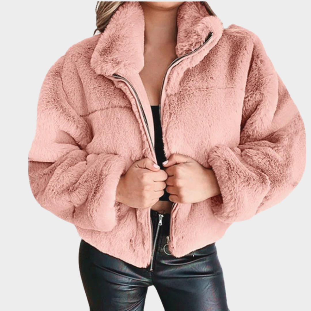 Women Faux Fur Jacket – Short Plush Coat with Turn Down Collar Slim Fit Outwear – Multiple Colours