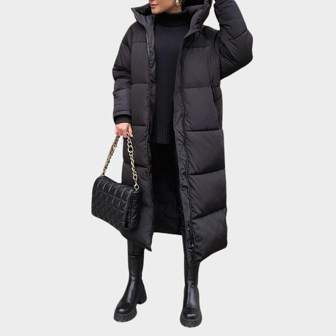 Women's Long Down Overcoat – Hooded – Warm & Insulated – Loose Fit – Zipper & Pockets – Mid-Calf Length – Multiple Colours