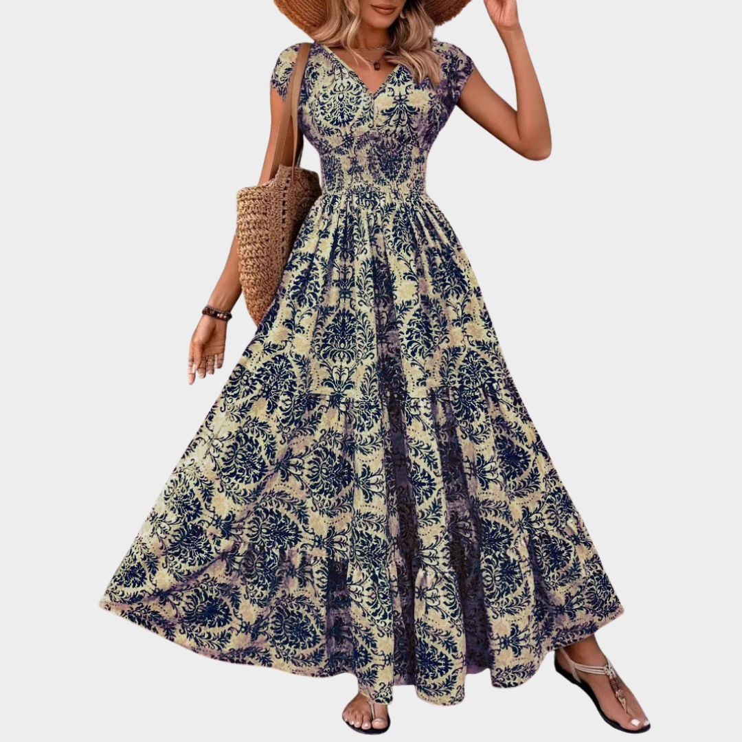 Women’s Chic V-Neck Shirred Boho Dress – Lightweight Flowing Midi Style – Comfortable Fit with Timeless Boho Elegance – Multiple Colours