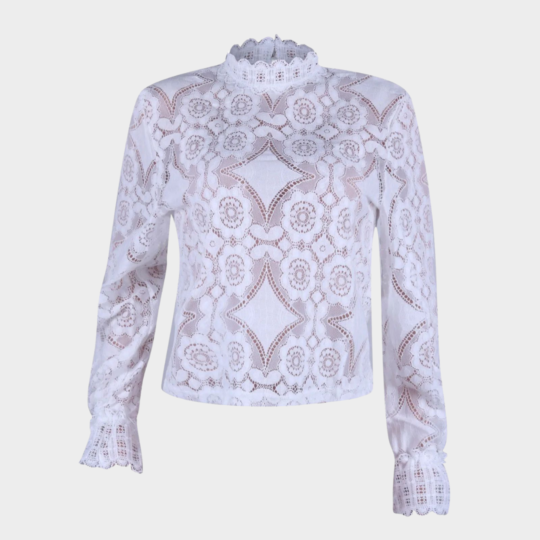 Women's Casual Lace Shirt – Stand-Up Collar – Long-Sleeved – See-Through – White