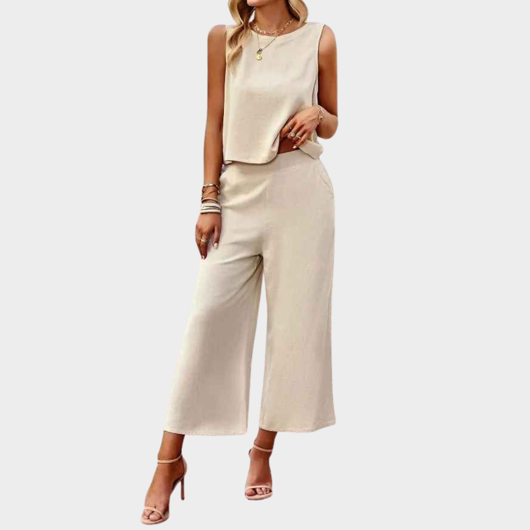 Women's Two Piece Pant Set – Short Sleeve Round Neck Pullover Shirt with Solid Wide Leg Pants – Comfortable Casual Fit – Multiple Colours