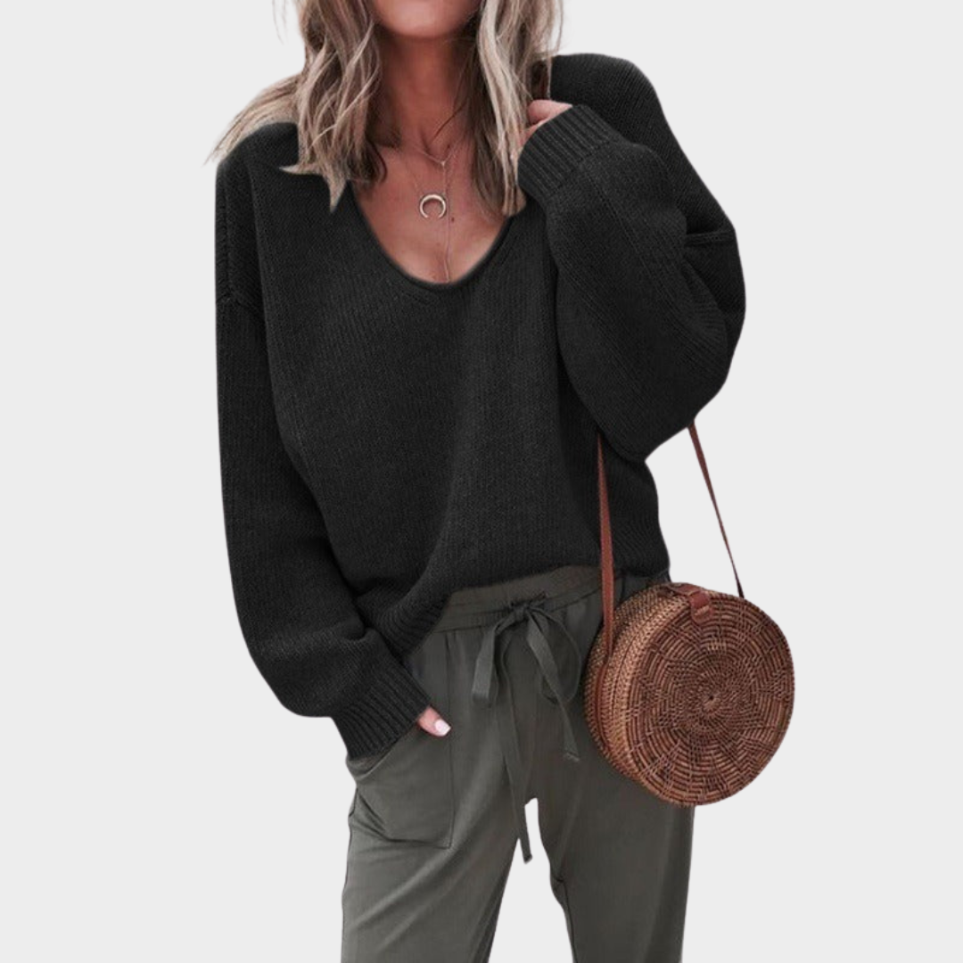 Women's Knitted V-Neck Sweater – Long Sleeve Loose Fit Pullover – Multiple Colours