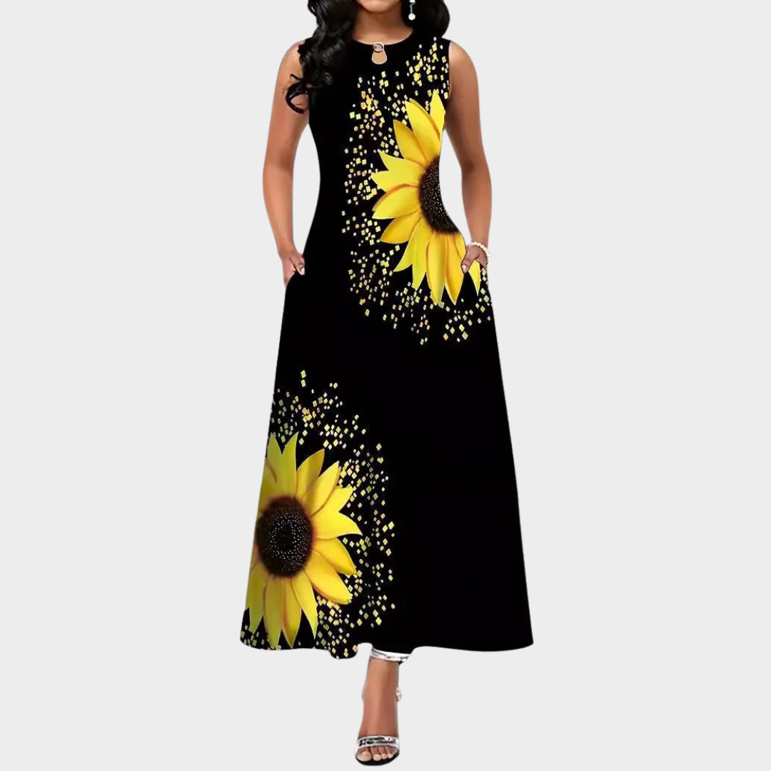 Women's Sleeveless Long Dress – V-Neck Swing Fit with Floral Bohemian Style – Black