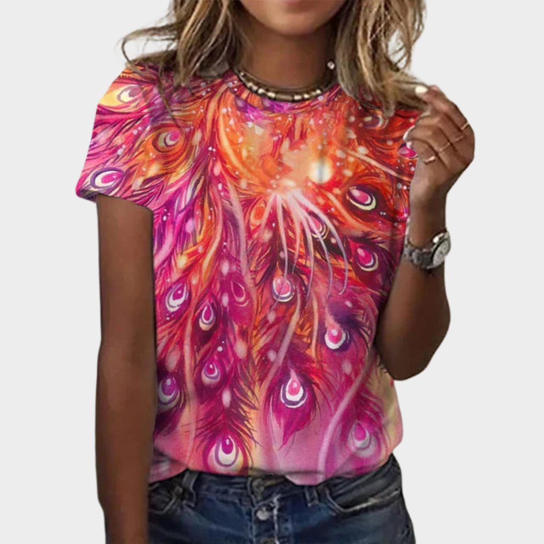 Women’s 3D Peacock Feather Print T-Shirt – Round Neck Casual Short Sleeve Graphic Tee – Lightweight Relaxed Fit – Multiple Colours