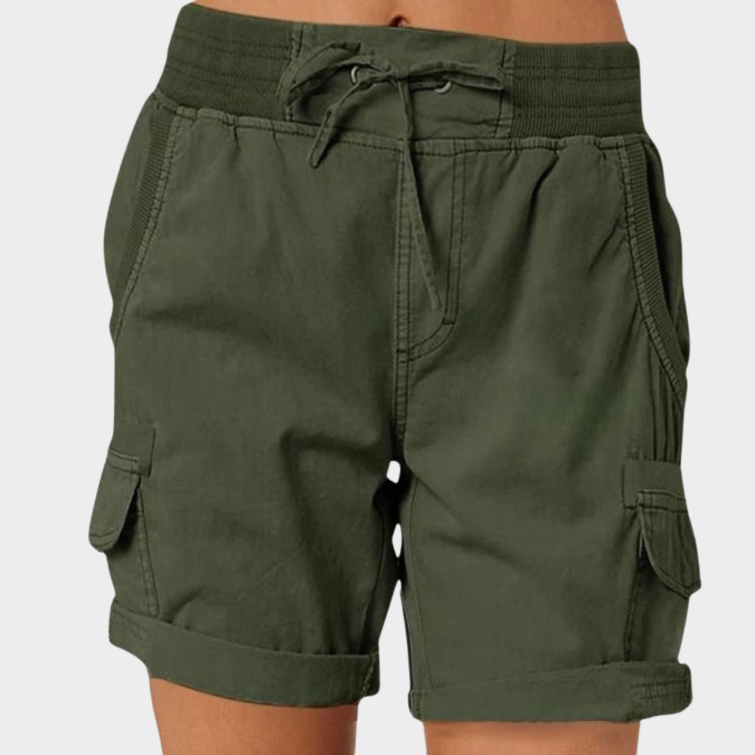 Women's Cargo Shorts - Elastic Waist - Cotton Linen - Lightweight & Breathable - Multiple Colours