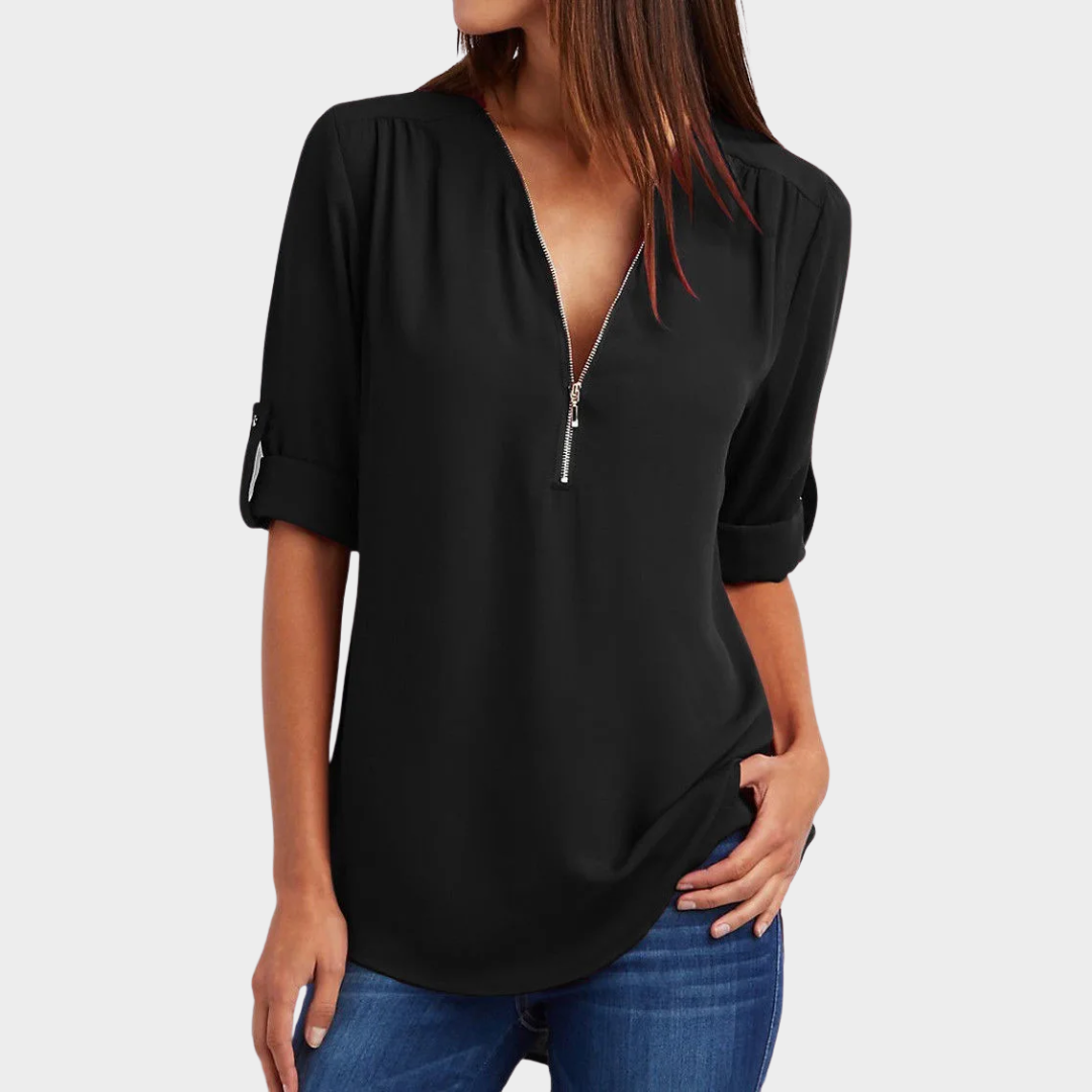 Women's V-Neck Chiffon Blouse – Half Sleeve – Zipper Front – Casual Office Shirt – Multiple Colours