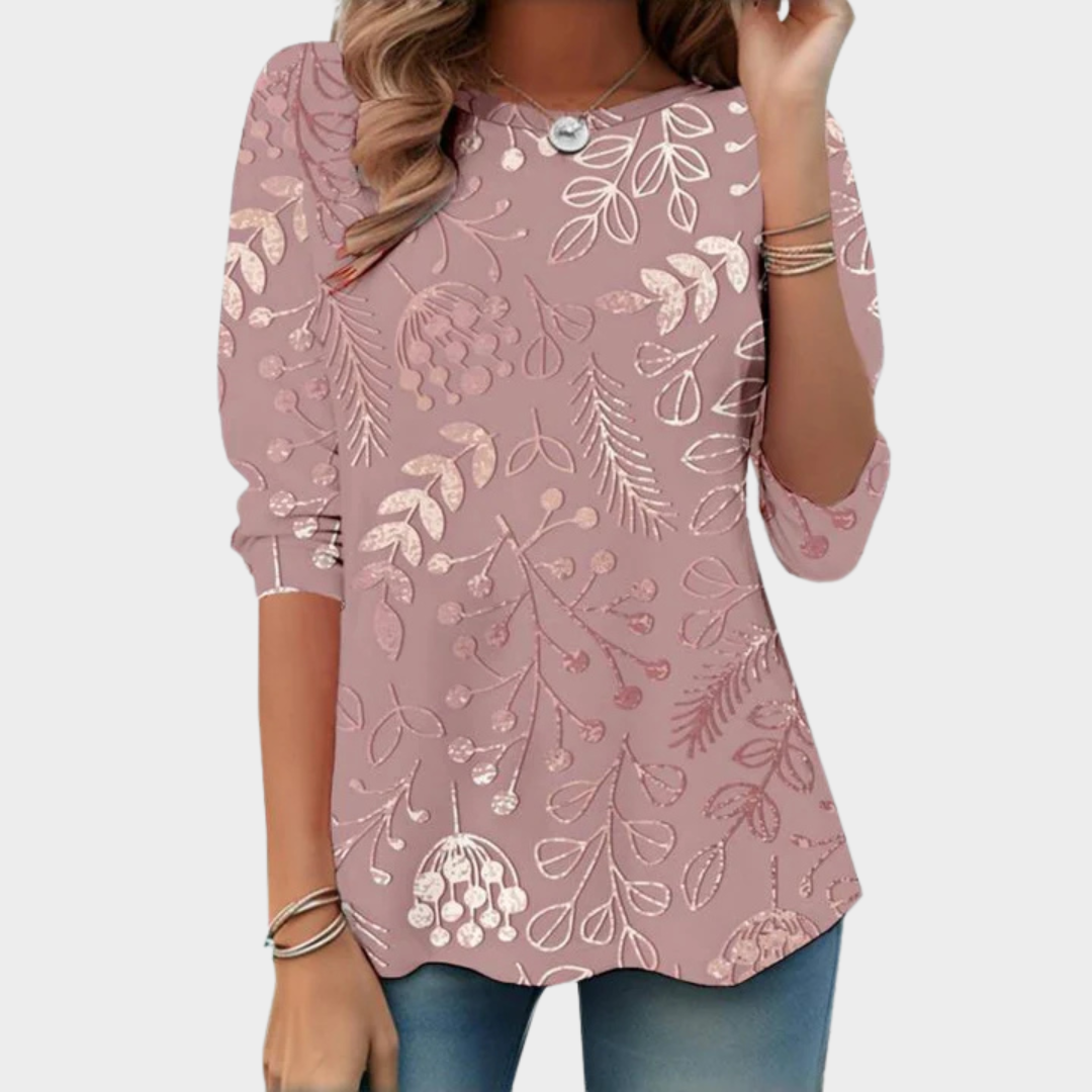 Women's Long Sleeve Leaf Print Blouse – Round Neck Casual Fit – Cotton-Polyester Lightweight Top – Pink