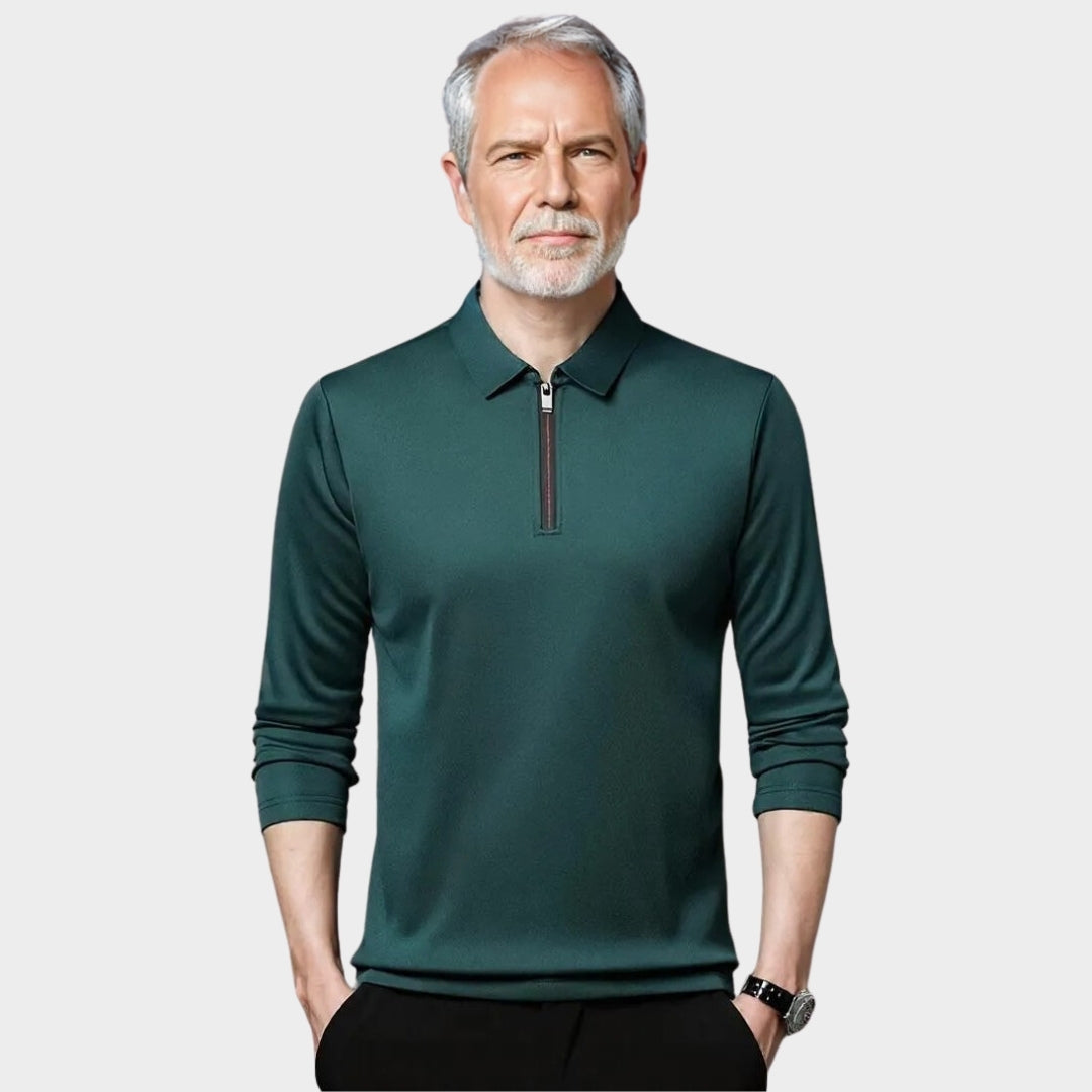 Men's Long Sleeve Polo Shirt - Solid Color Zipper Polo Neck Top, Navy Blue, Black, Blue, and More