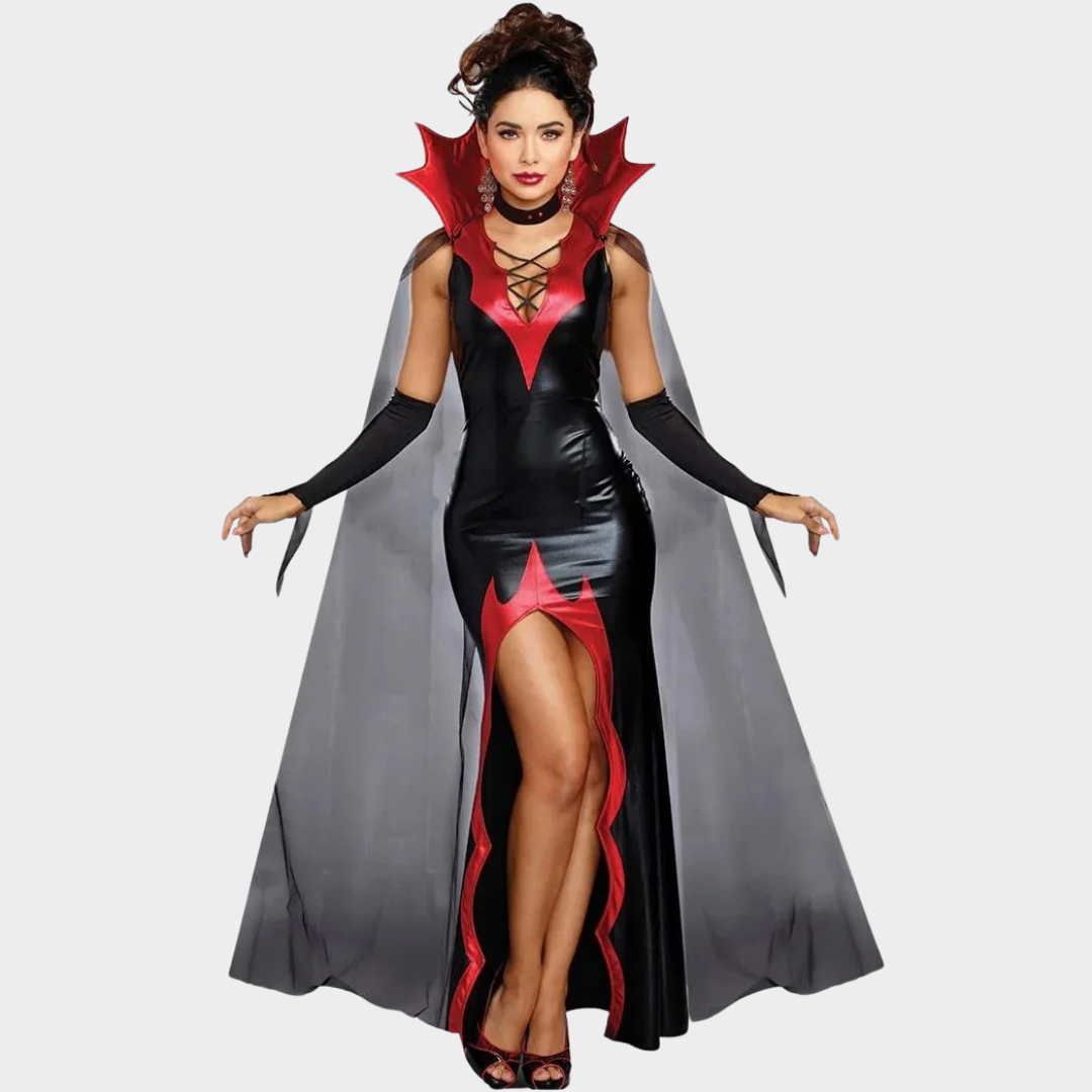 Women Witch Vampire Halloween Costume – Patent Leather Cosplay Dress for Demon and Devil Role Play – Gothic Party Outfit – Red / Black
