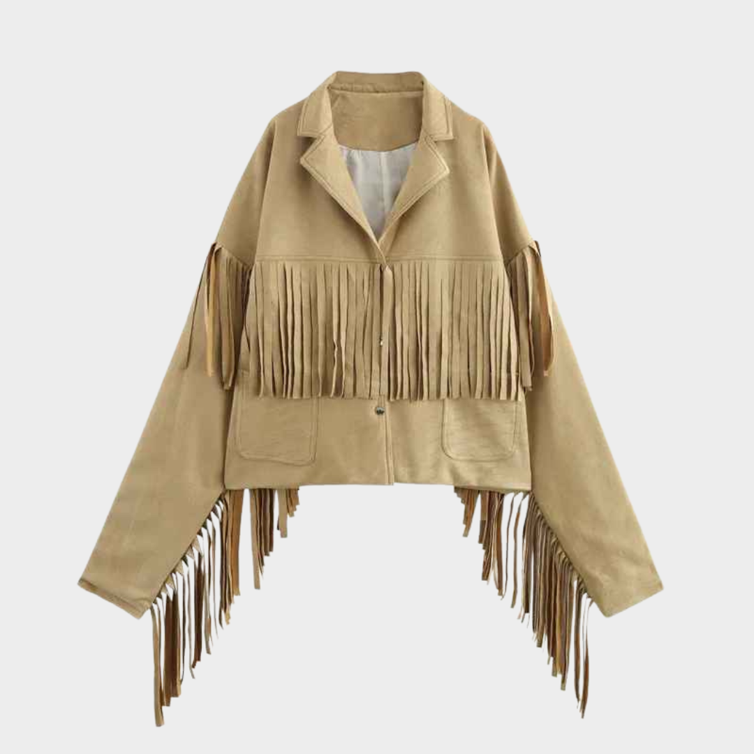 Women's Suede Jacket - Loose Fit Patchwork Coat - Flip Collar - Button Front - Tassel Detail - Khaki