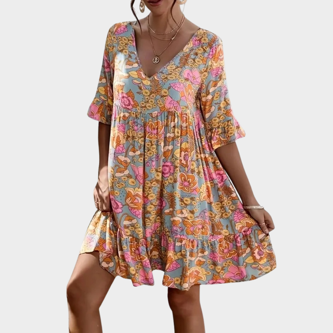 Women Floral Short Sleeve Dress – Loose Fit – Ruffle Hem – Lightweight Bohemian Style – Multicolour