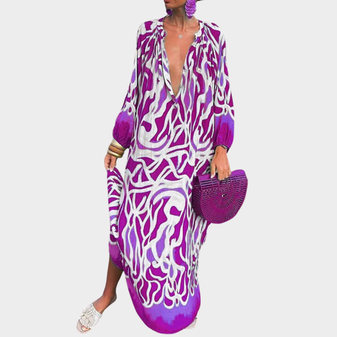 Women's Boho Maxi Dress - Retro Print - V-Neck - Loose Fit - Multiple Colours