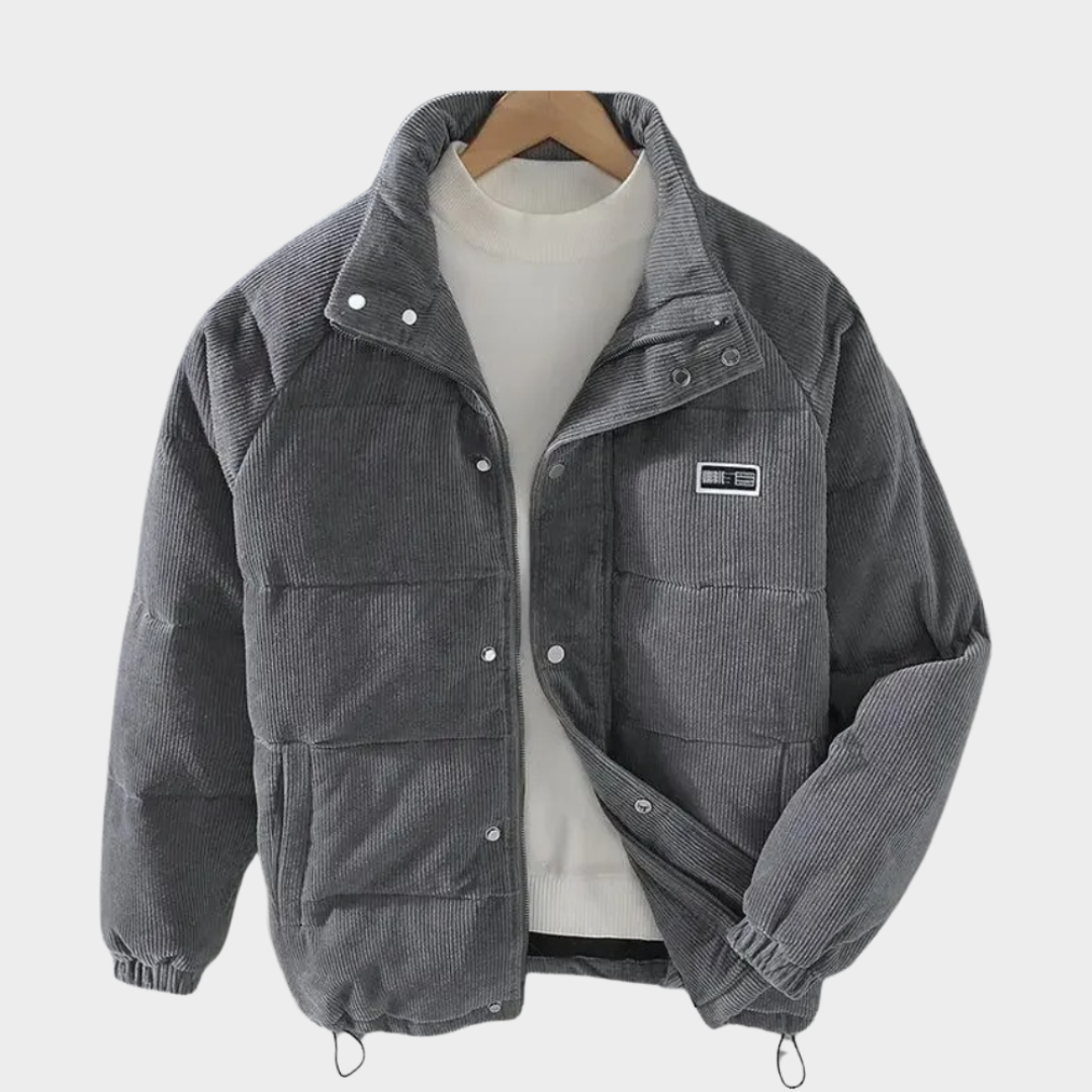 Men's Corduroy Padded Jacket - Warm Insulated Coat - Letter Patch Design - Multiple Colours