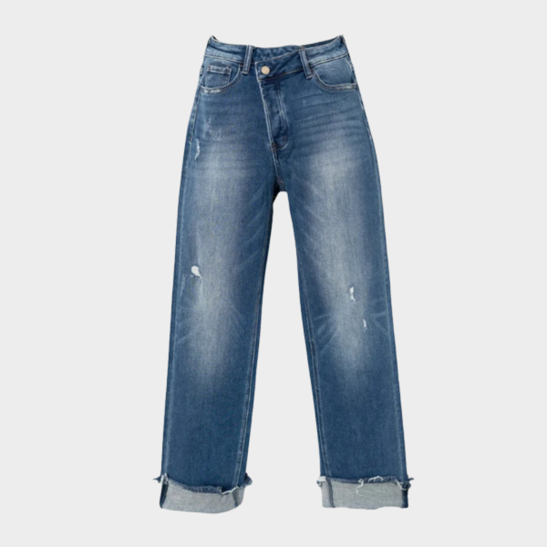 Women's High Waist Straight Leg Jeans – Loose Fit – Distressed Denim – Blue