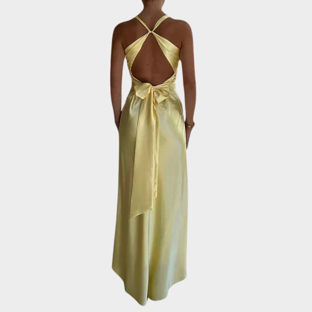Women’s Maxi Dress – Sleeveless Satin Gown with V-Neck and Bow Tie Back – Elegant Fit for Evening Events – Multiple Colours