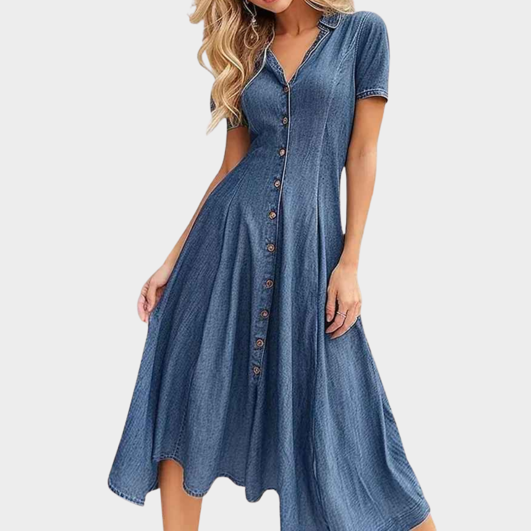 Women's Denim Dress – Short Sleeve V-Neck Fit with Casual Long Silhouette – Blue
