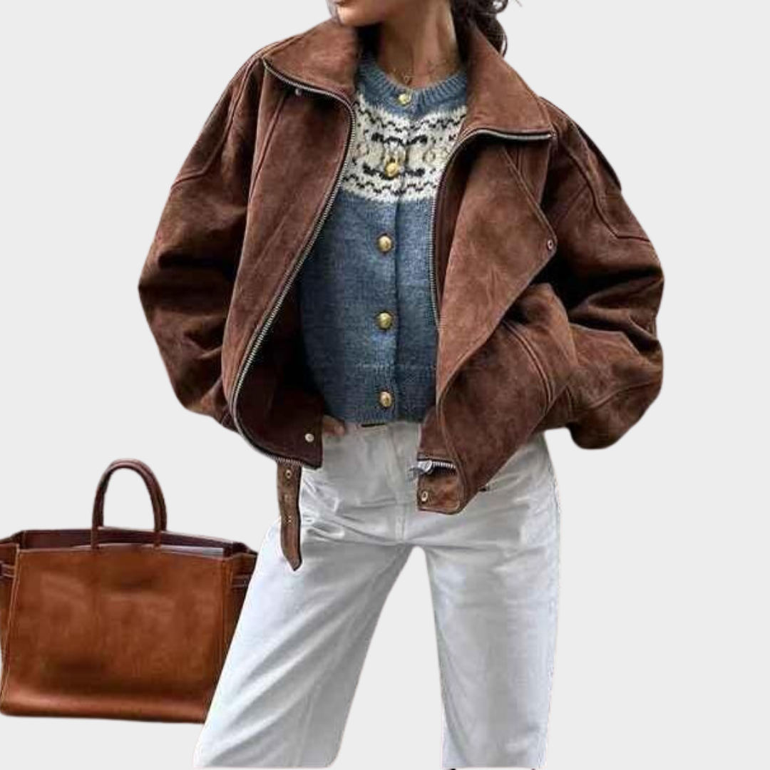 Women's Cropped Jacket - Vintage Lapel Coat - Zipper Front - Padded Shoulders - Dark Brown