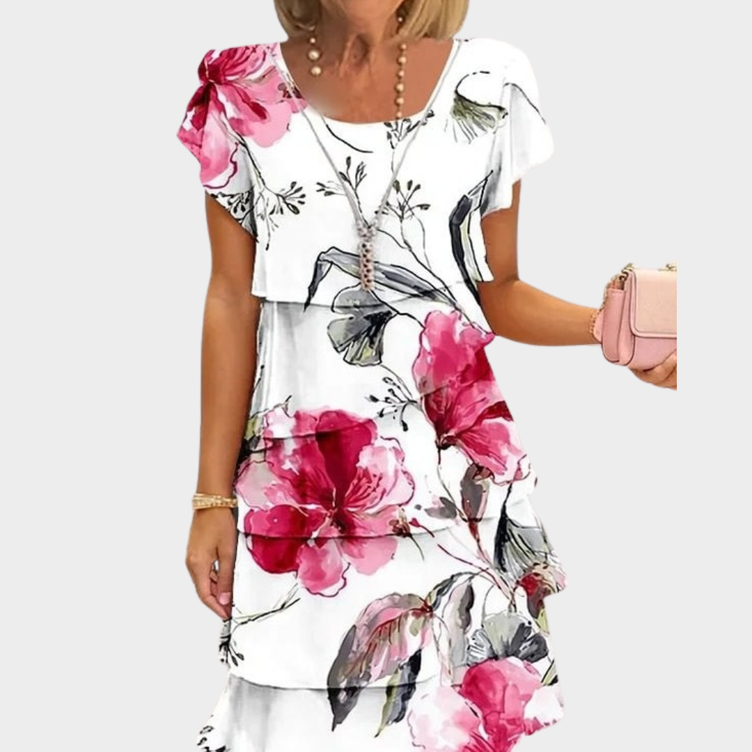 Women’s Floral Chiffon A-Line Dress – Crew Neck Tiered Pleated Style with Short Sleeves – Elegant Lightweight Fit – Multiple Colours