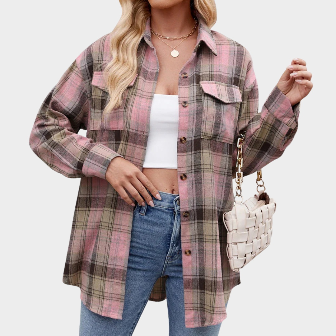Women’s Loose Fit Button-Up Shirt – Plaid Pattern with Pocket Detail – Lightweight Casual Style – Cotton Blend – Multiple Colours