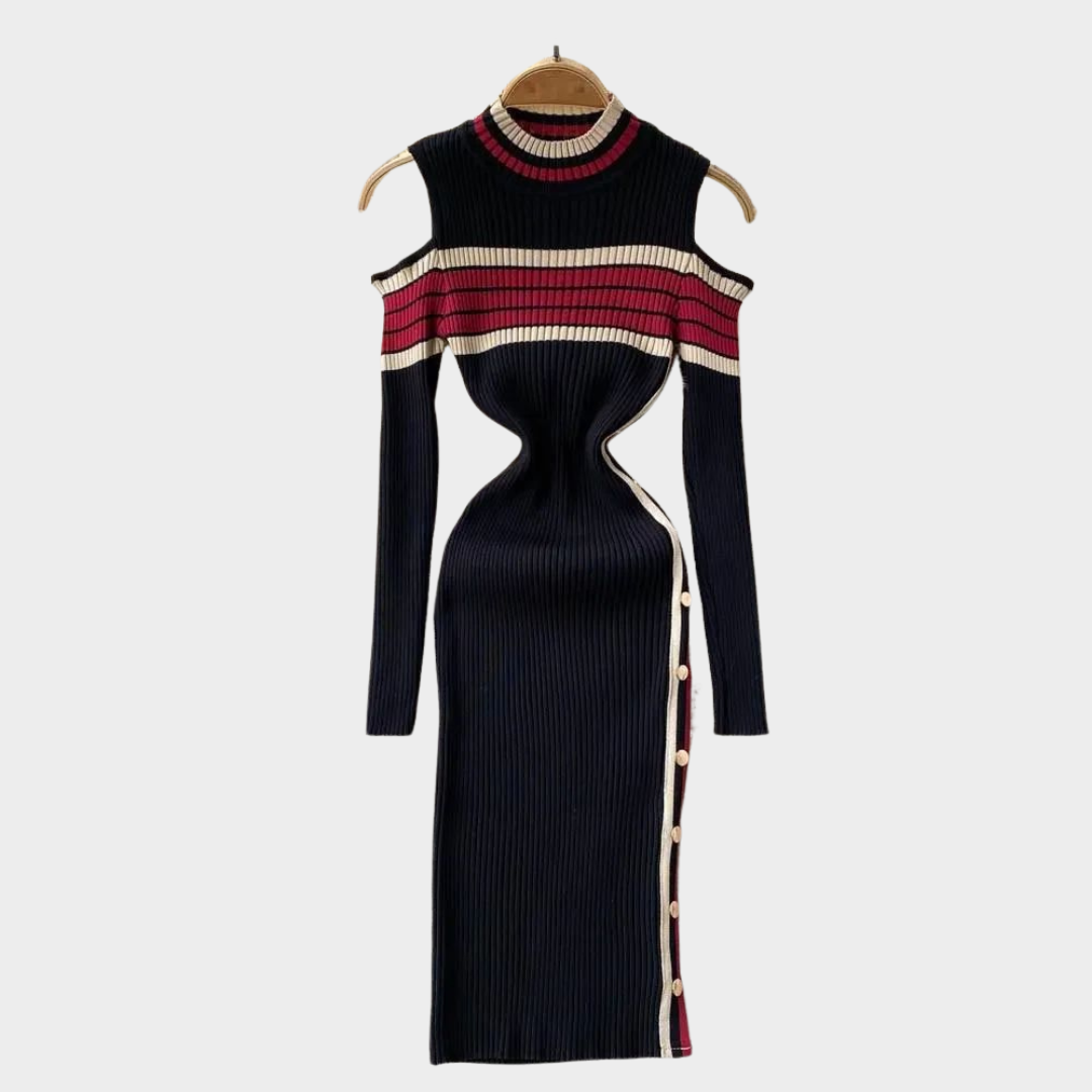 Women’s Knitted Dress – Half-High Collar – Long Sleeves – Striped Pattern – Elegant Fit – Black