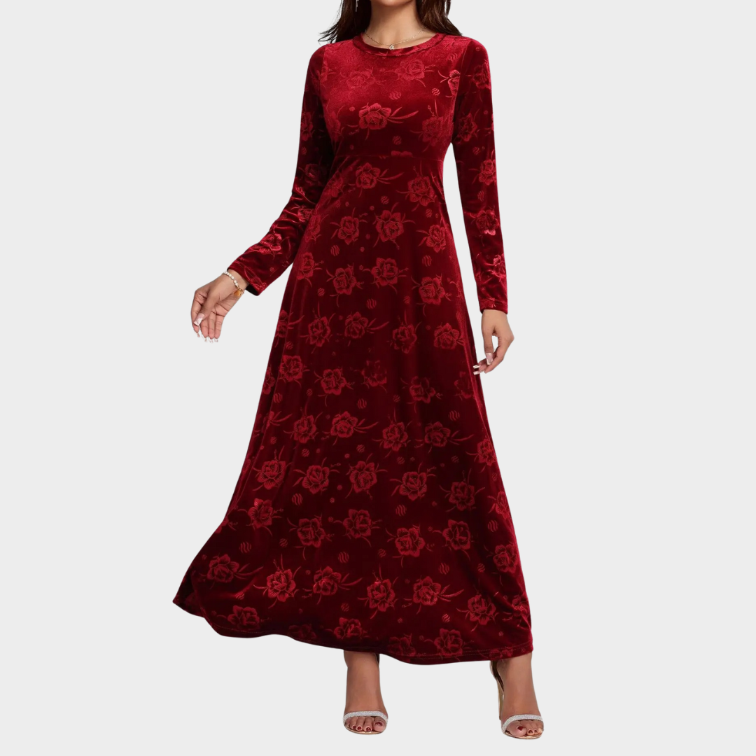 Women's Long Elegant Velvet Dress – Slim Fit Party and Evening Wear with Flattering Silhouette – Wine Red