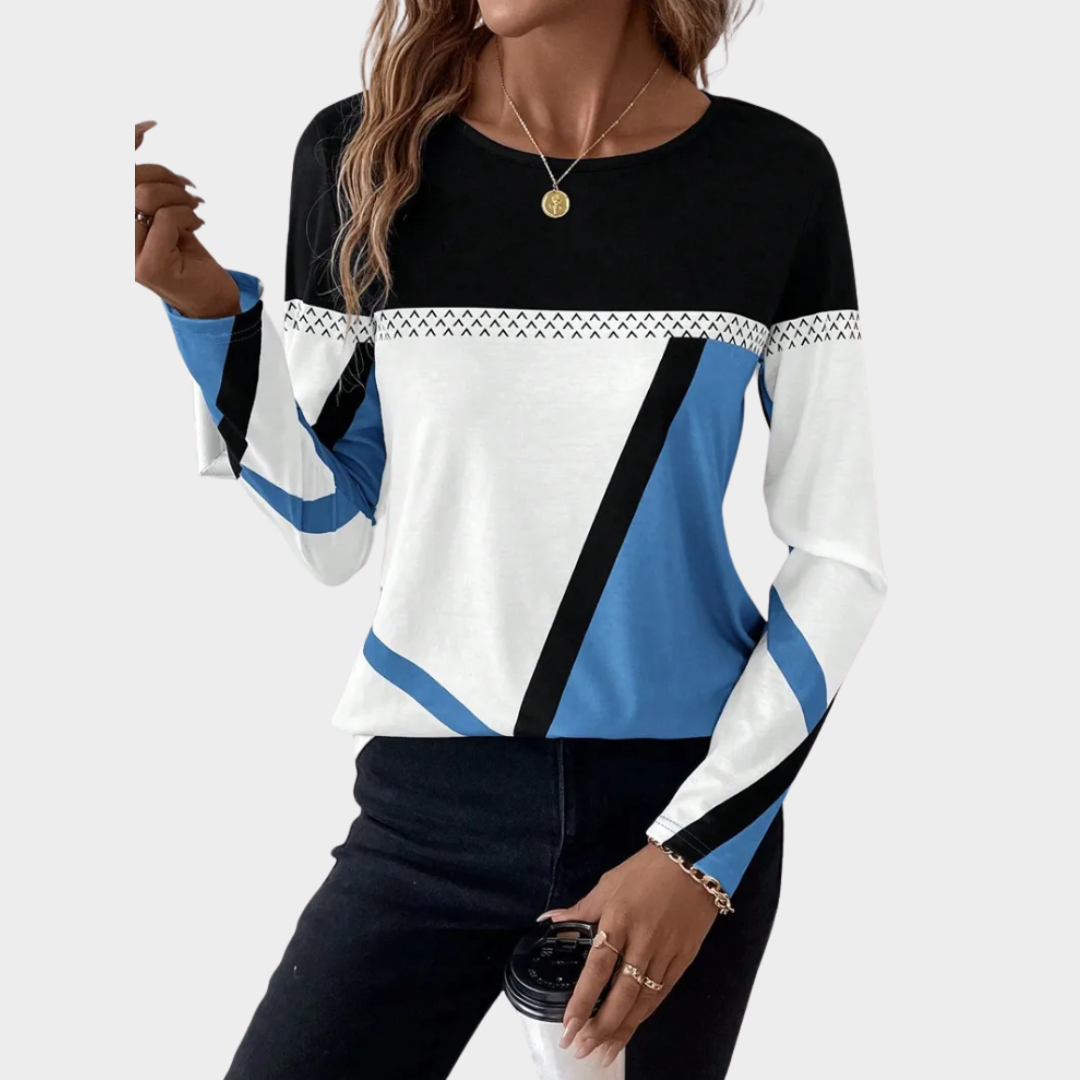 Women's Long Sleeve T-Shirt – Round Neck – Geometric Print – Contrasting Colors – Soft & Comfortable – Multiple Colours