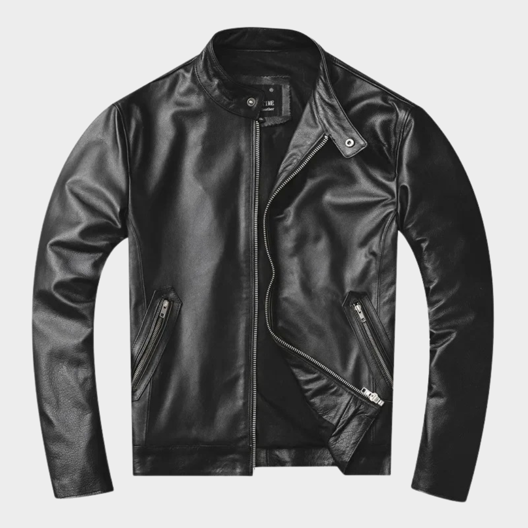 Men’s Vintage Fit Leather Jacket – Genuine Cowskin – Classic Motorcycle Style – Durable Natural Material – Black
