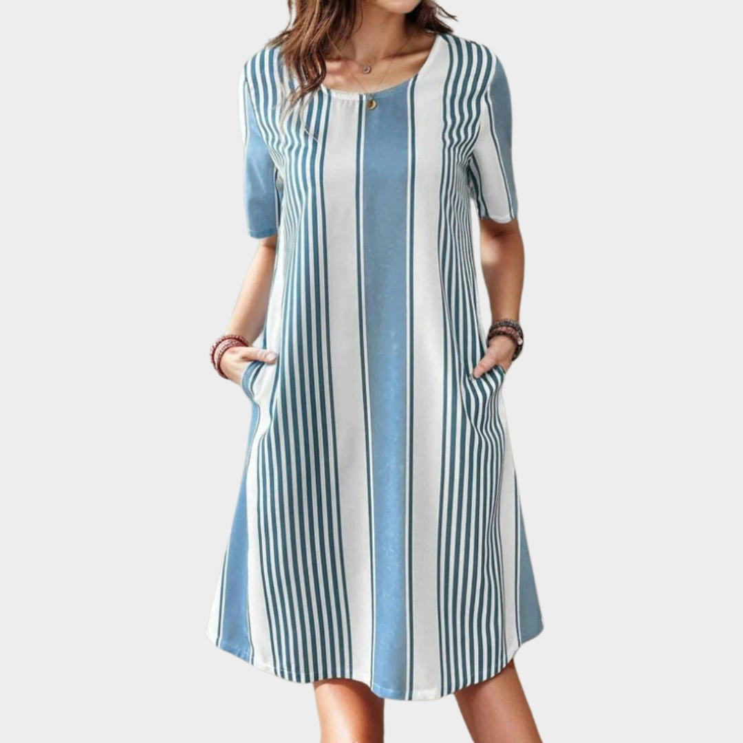 Women's Casual Short Sleeve Straight Dress – Light Blue Printed Striped Round Neck with Pocket Cotton Blend – Blue