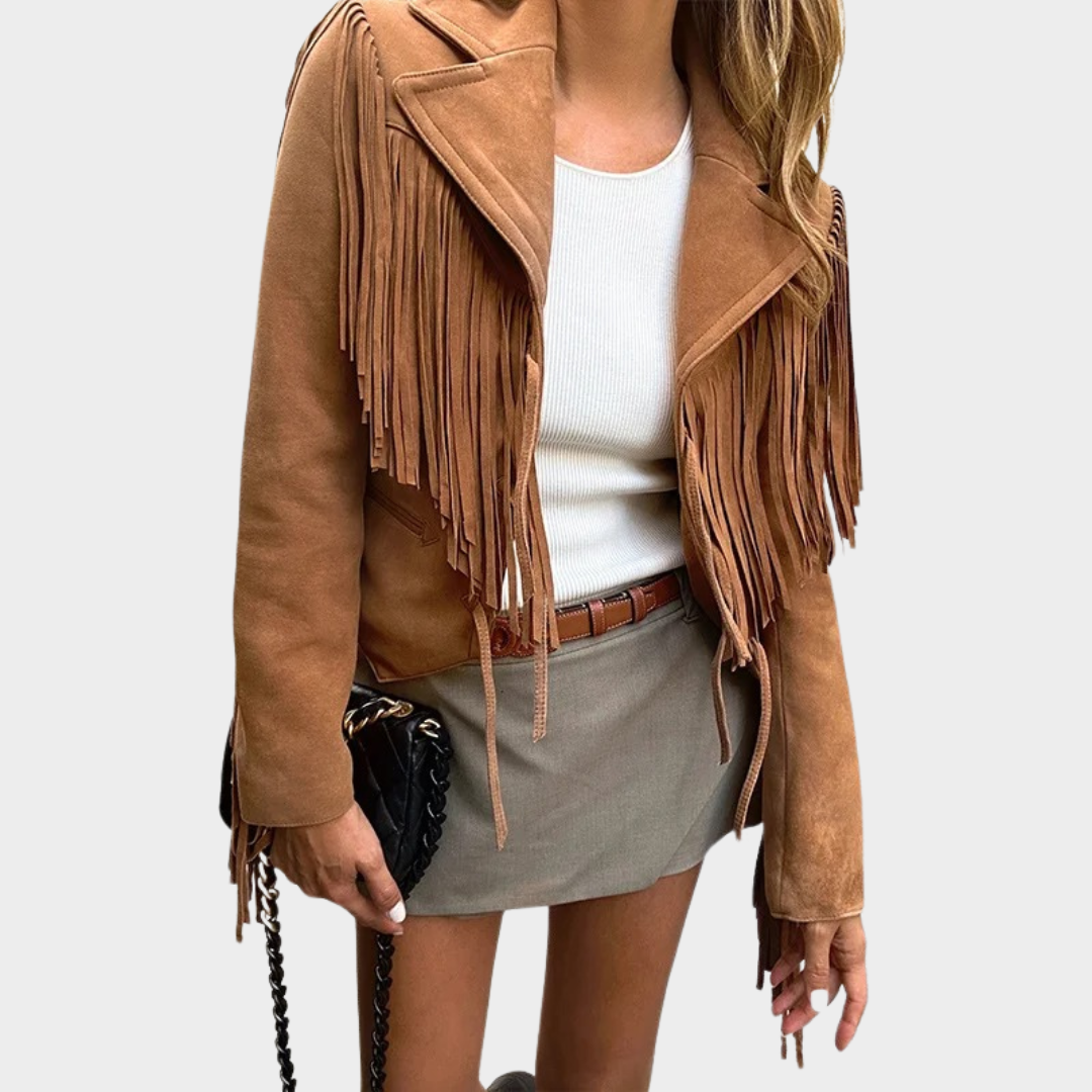 Women’s Slim Fit Leather Jacket – Genuine Sheepskin with Tassel & Lace-Up Detail – Kid Suede Finish – Short Moto Style – Brown