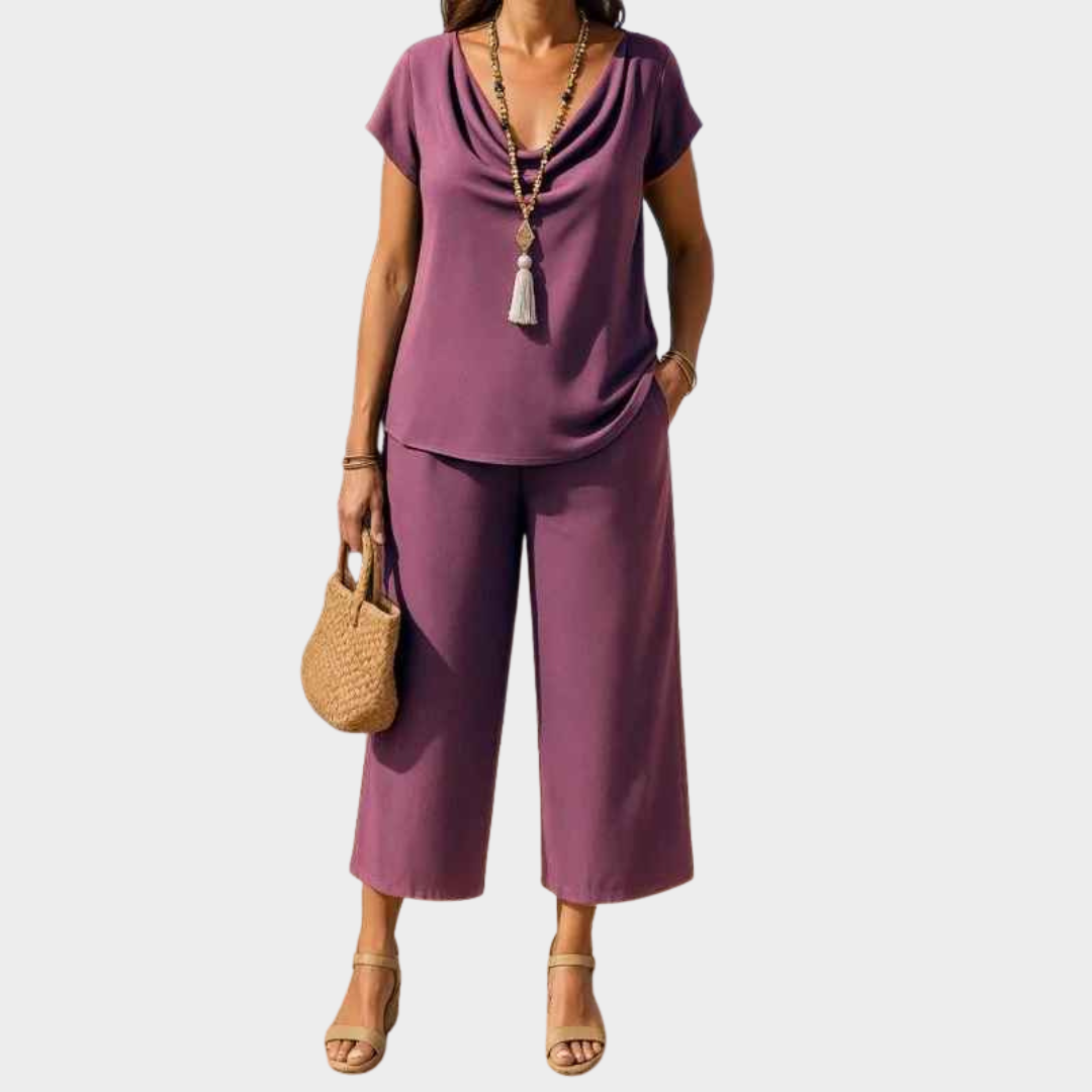 Women Two Piece Set – Casual Pile Collar Pullover with Short Sleeves and Pocket Split Pants Cotton Blend – Multiple Colours