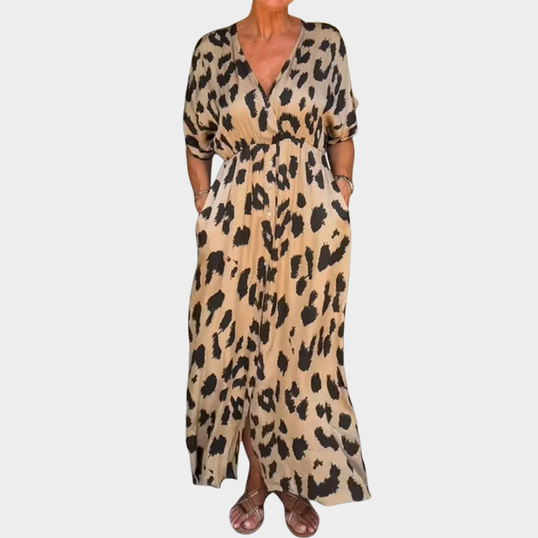 Women’s Maxi Dress – Loose Boho Vintage Style with Ruffles and Button Design – Leopard