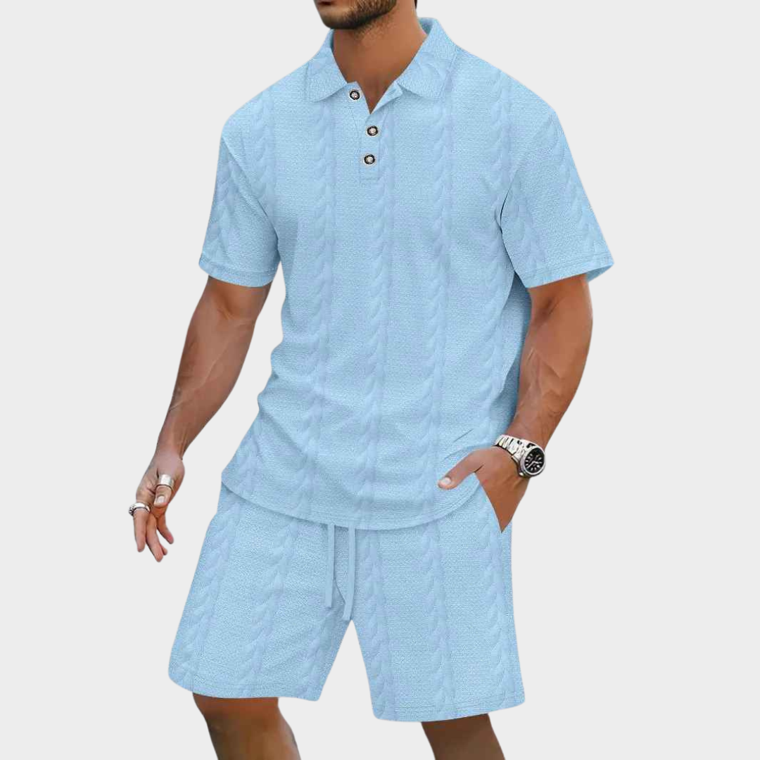 Men's Co-Ord Set – Jacquard Solid Colour Lapel Short Sleeve Shirt with Drawstring Shorts – Casual Beach Style – Multiple Colours