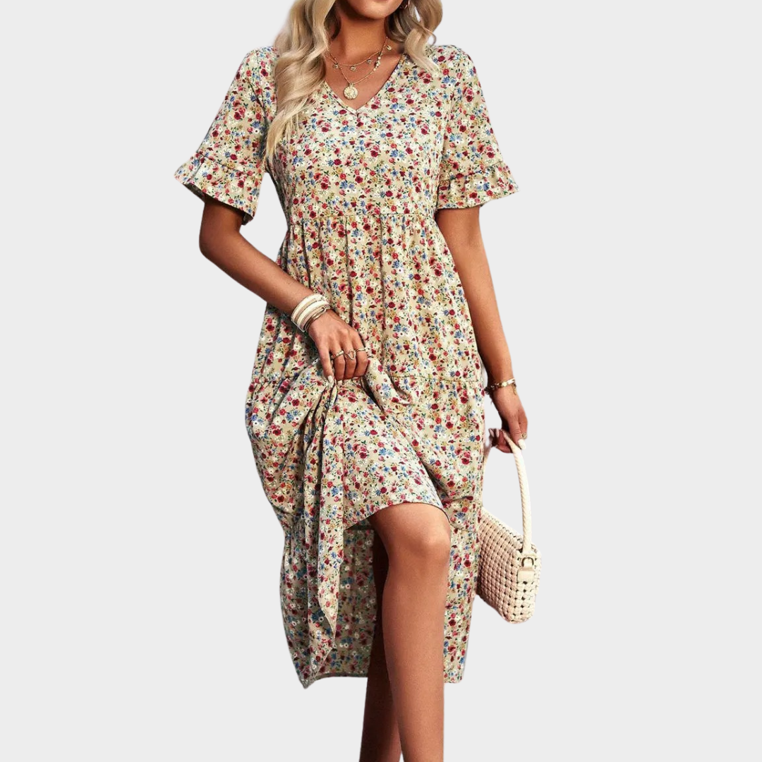 Women's Floral V-Neck A-Line Dress – Short Sleeve – High Waist – Lightweight Printed Fabric – Multiple Colours