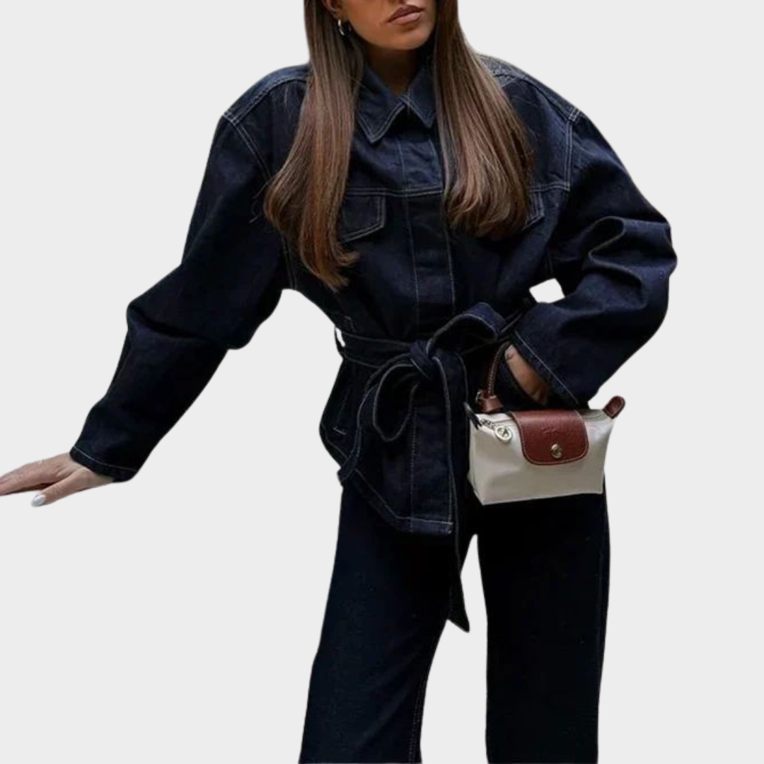 Women’s Denim Jacket & Trousers Set – Vintage Style – Belted Waist – Loose Fit – Blue