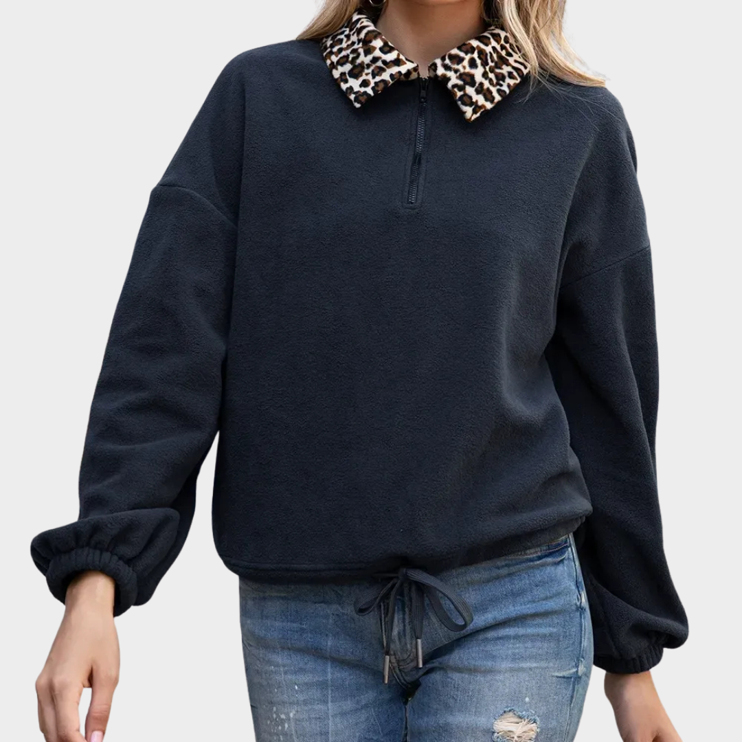 Women’s Faux Fur Collar Fleece Sweatshirt – Relaxed Fit Pullover with Zip Neck and Drawstring Hem – Multiple Colours